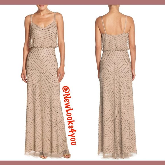 NEW Adrianna Papell‎ Art Deco Beaded Blouson Gown in Taupe Pink [SZ 10 12 14 ] - Picture 2 of 11